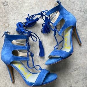 Kate & Mel Blue Suede tie up fringe high heel shoe